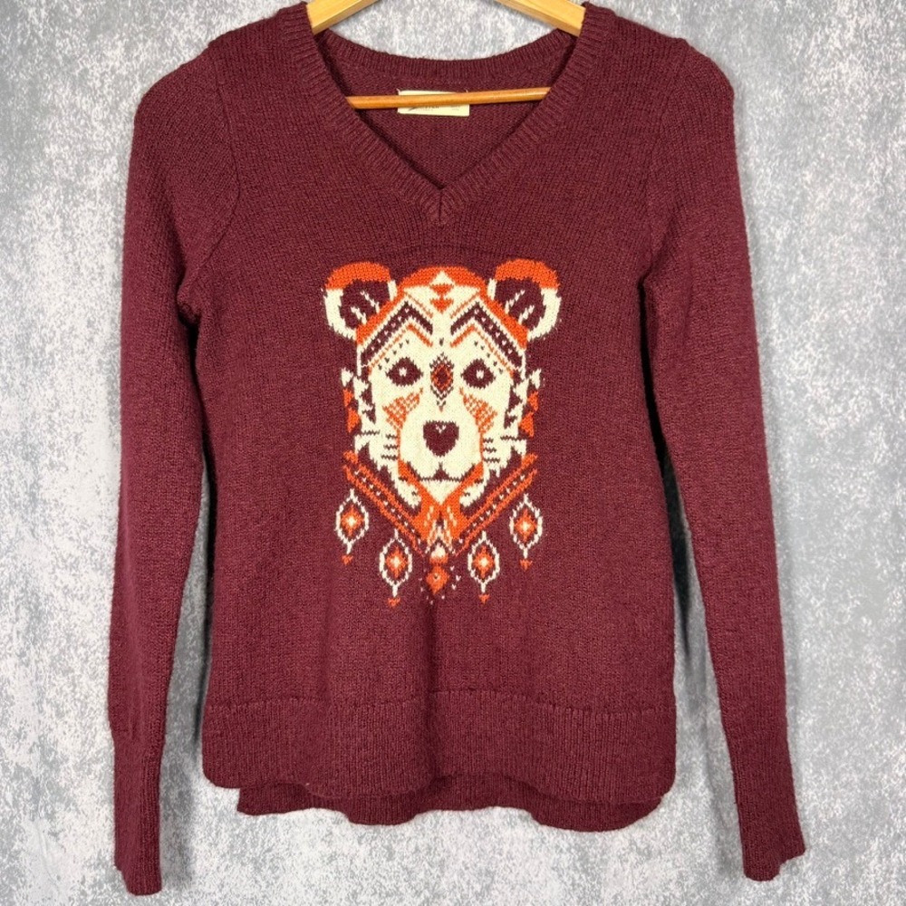Hollister V-Neck Sweater Women M Burgundy Bear Geometric Graphic Pullover